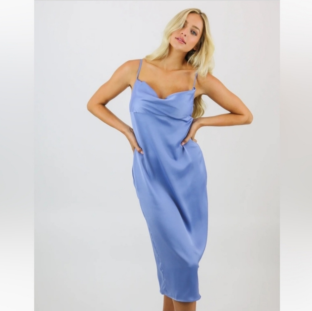 WEWOREWHAT Cowl Satin Charmeuse Midi Slip Dress in Slate Blue Size 2